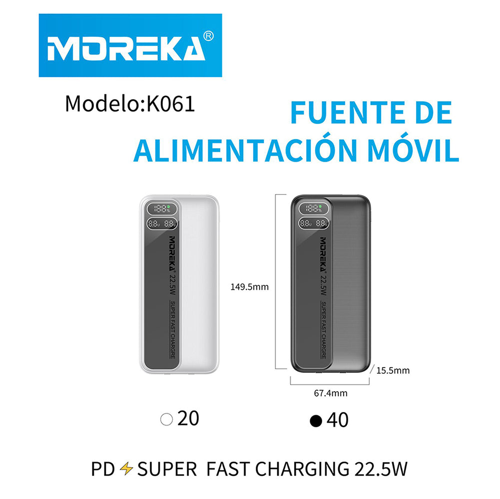 Powerbank Moreka K062 10000 mAh Tipo C IP Carga Rápida 22.5W