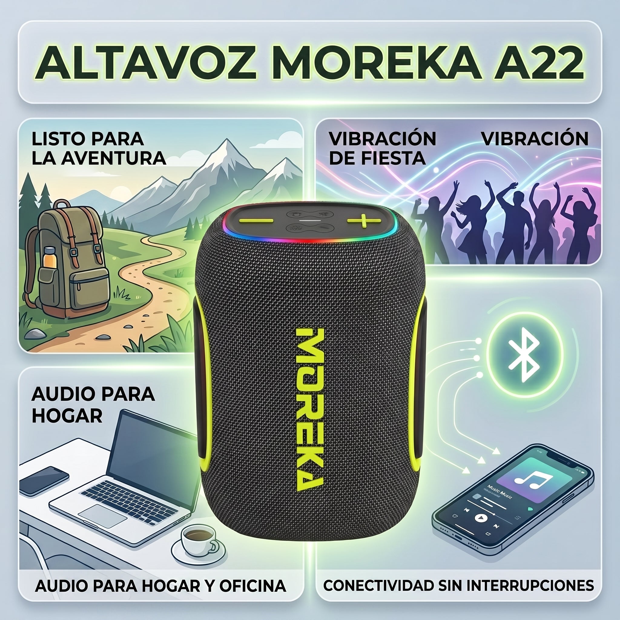 Bocina Moreka+ A22 65W 8800mAh Bluetooth, TF Card, Radio FM, USB Contra Agua IPX6
