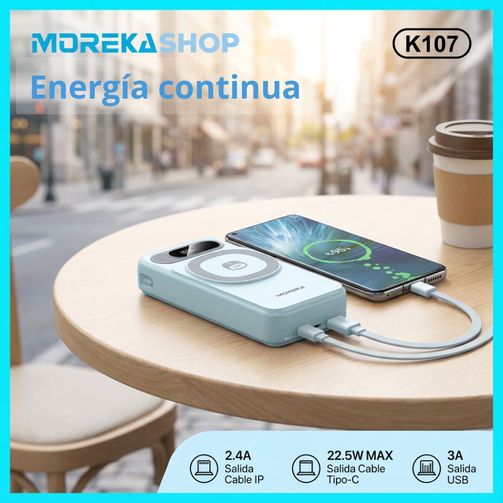 Power Bank Moreka K107 20000mAh 22.5W Magsafe  15w Cables C Lightning
