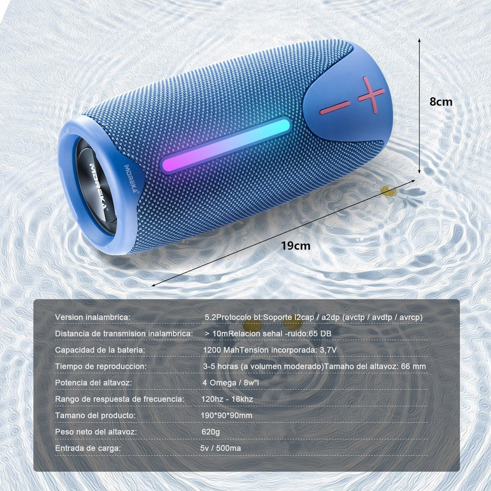 Bocina Bluetooth Moreka 383 RGB Radio FM Resistente al agua IPX6 8W