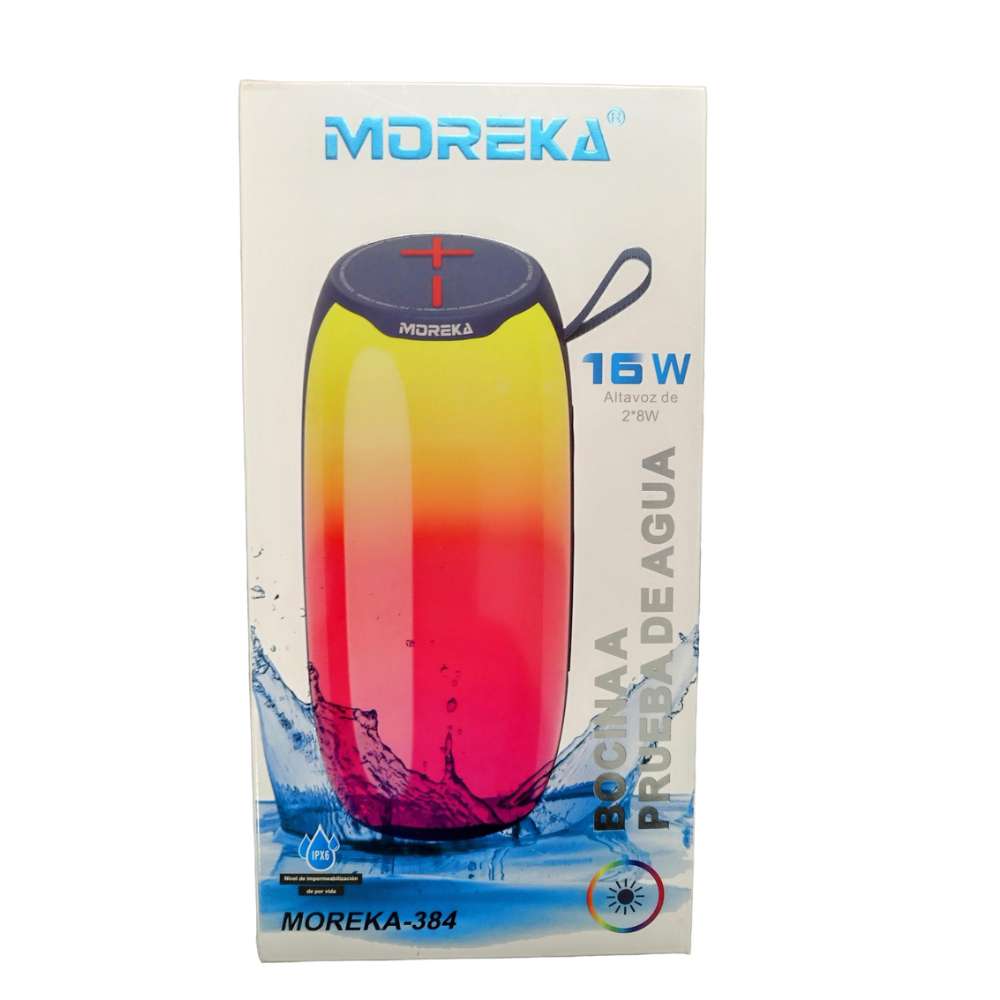 Bocina Bluetooth Moreka 384 RGB Radio FM Resistente al agua IPX6 16W