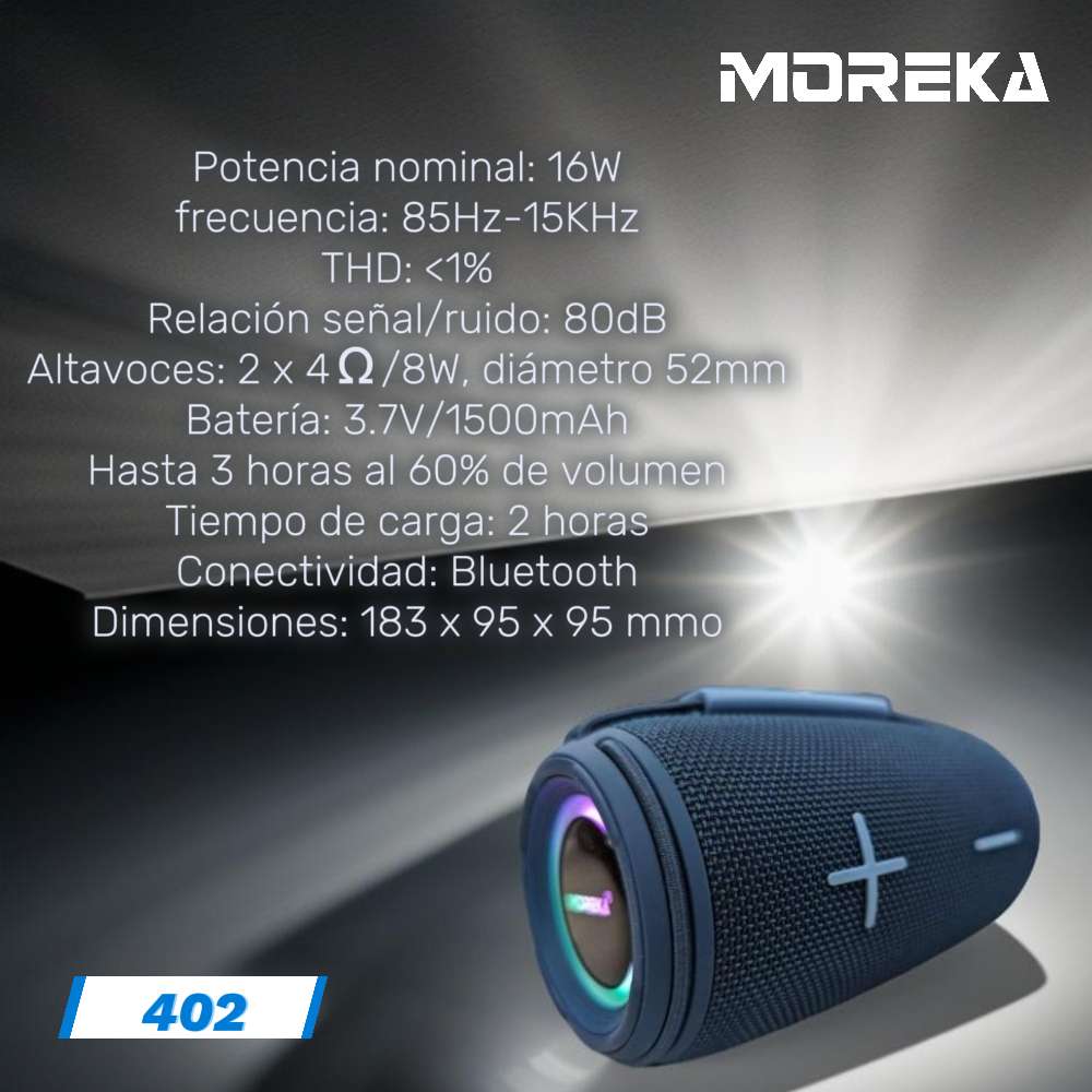 Bocina Moreka 402 16W, Bluetooth, TF Card, Radio FM, USB Contra Agua IPX6