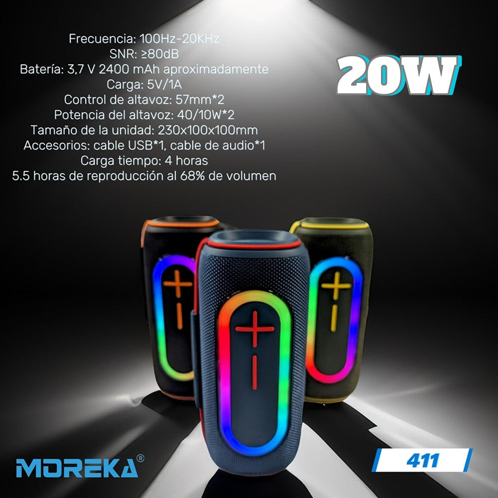 Bocina Moreka 411 20W, Bluetooth, TF Card, Radio FM, USB Contra Agua IPX6