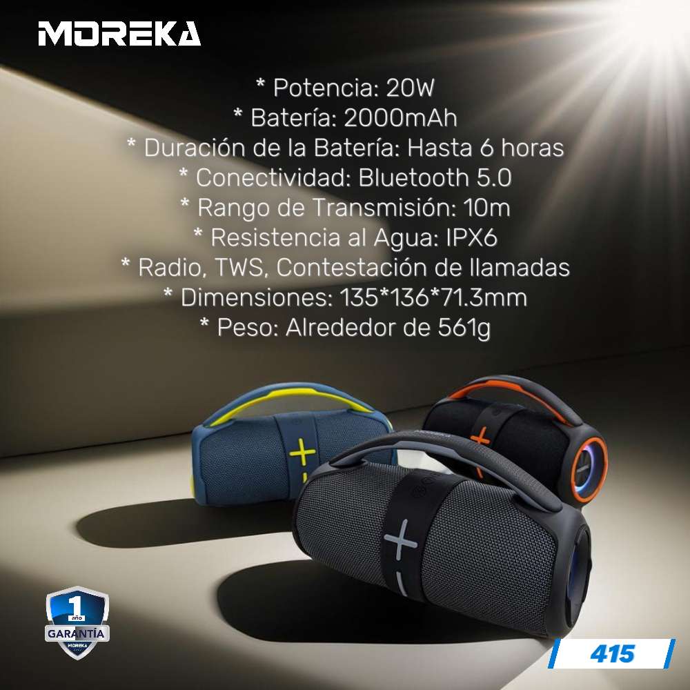 Bocina Moreka 415 20W 2400mAh Bluetooth, TF Card, Radio FM, USB Contra Agua IPX6