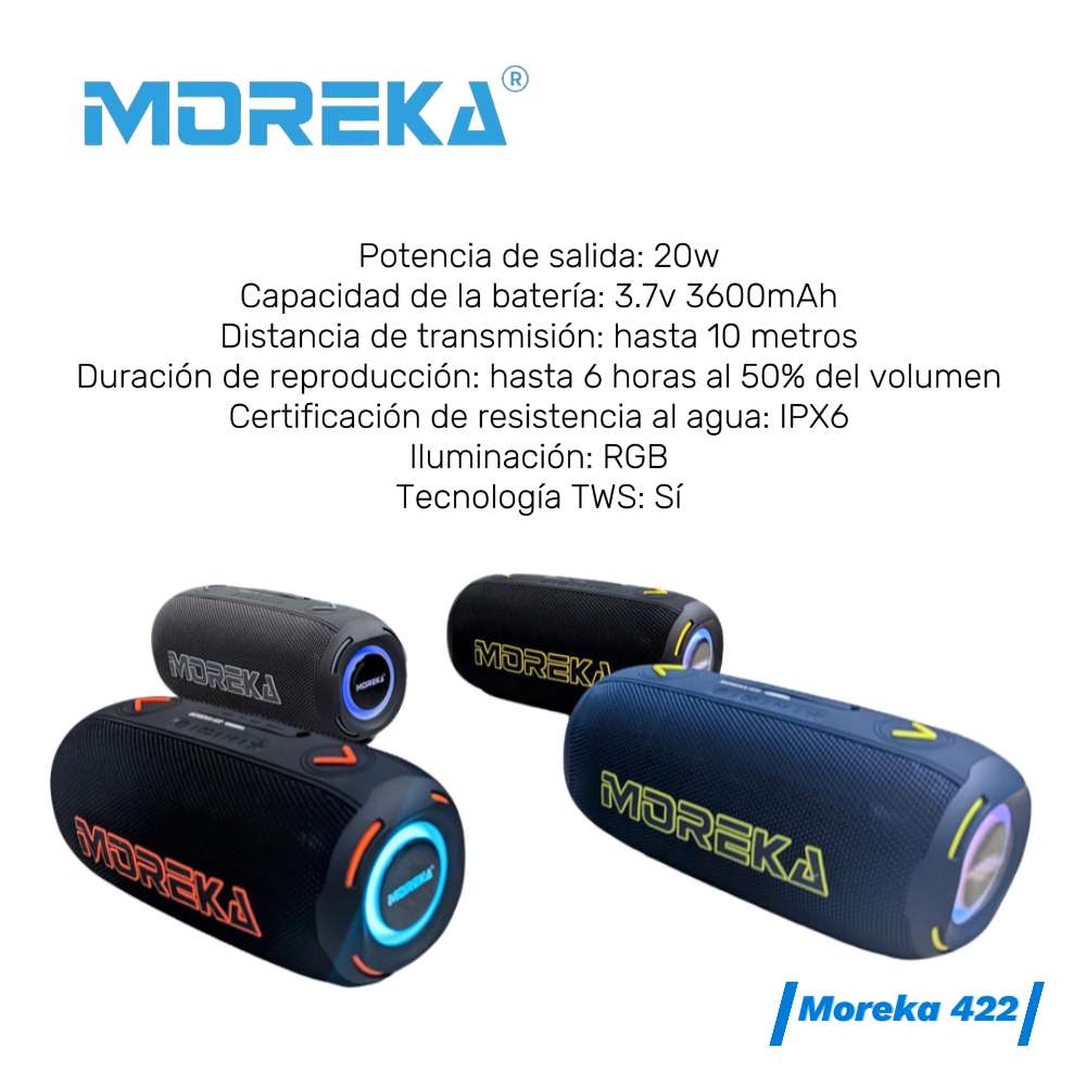 Bocina Moreka 422 20W 3600mAh 5-6 hrs de bateria Bluetooth, Contra Agua IPX6