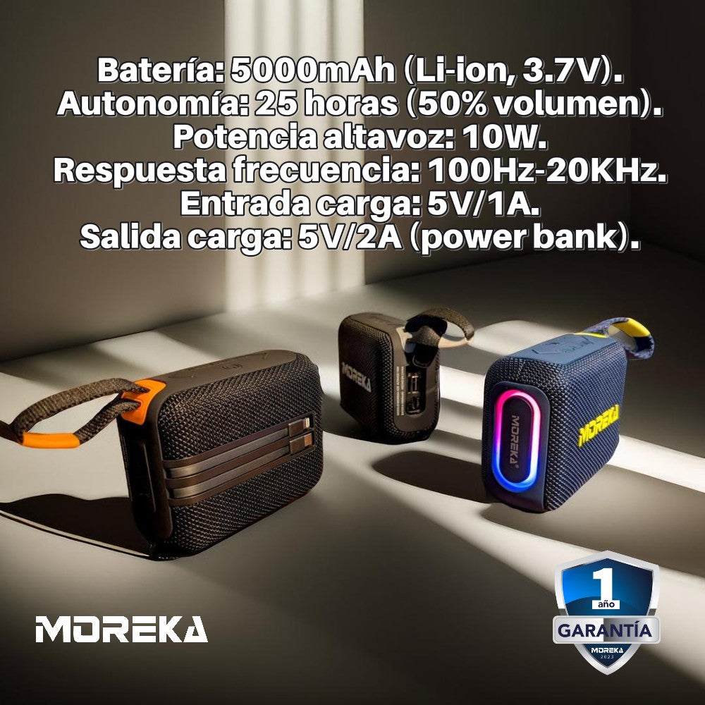 Bocina Power Bank Moreka 428 10W 5000mAh cables tipo IP y C hasta 25 Horas