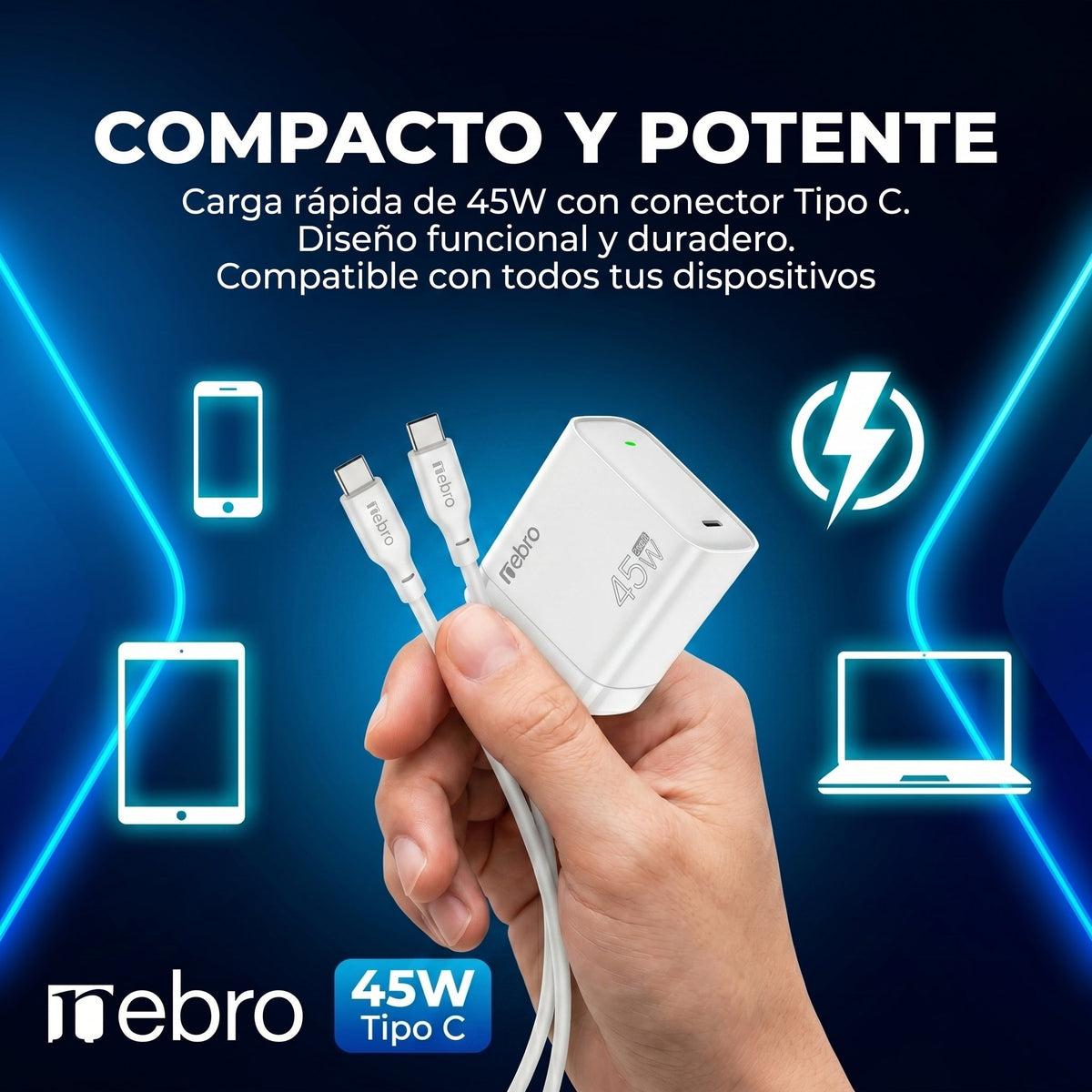 Cargador cable Tipo C NEBRO VGA-054T 45W