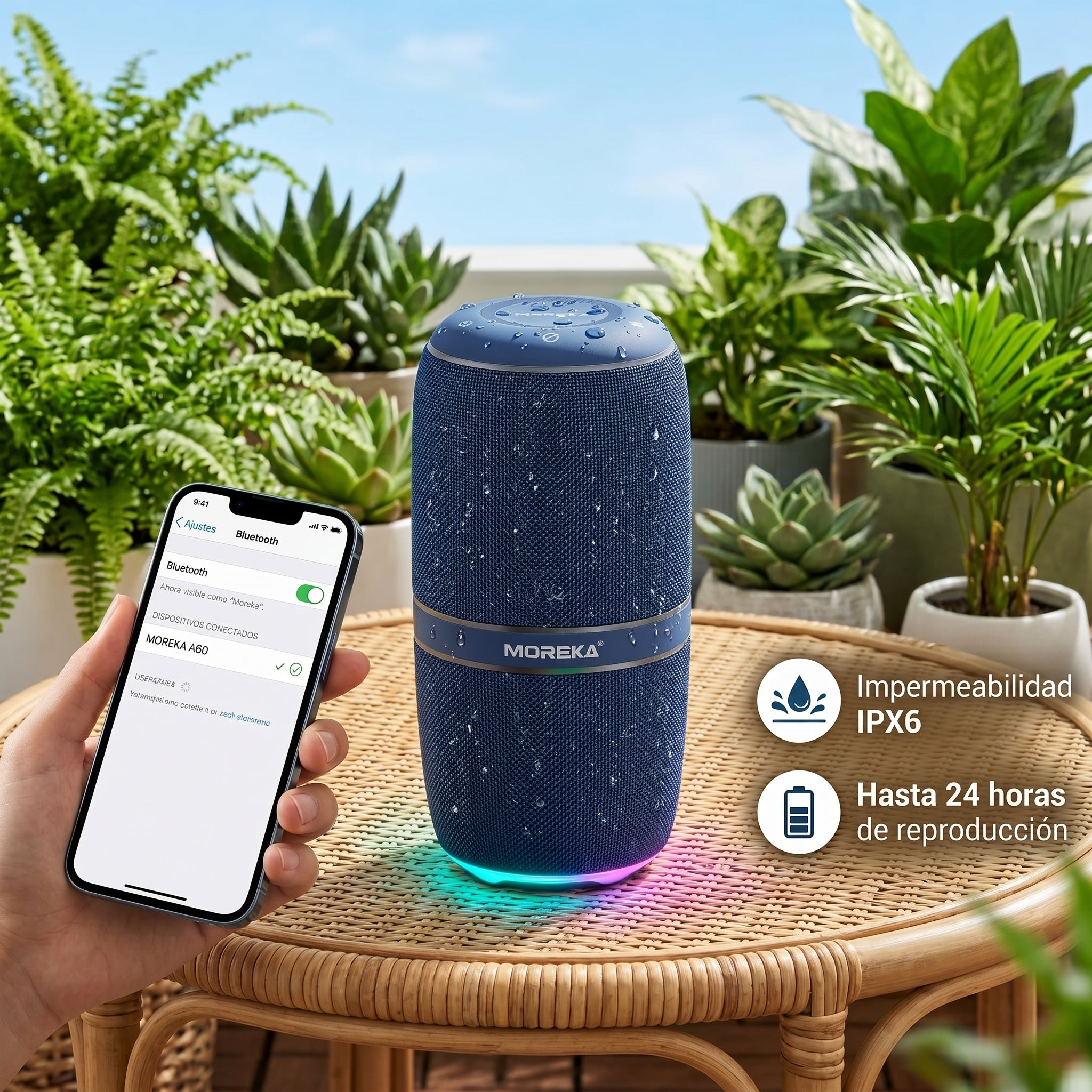 Bocina A60 80W TWS Portátil  Impermeable IPX6 Batería 10800 mAh  Luz RGB y Conexión USB