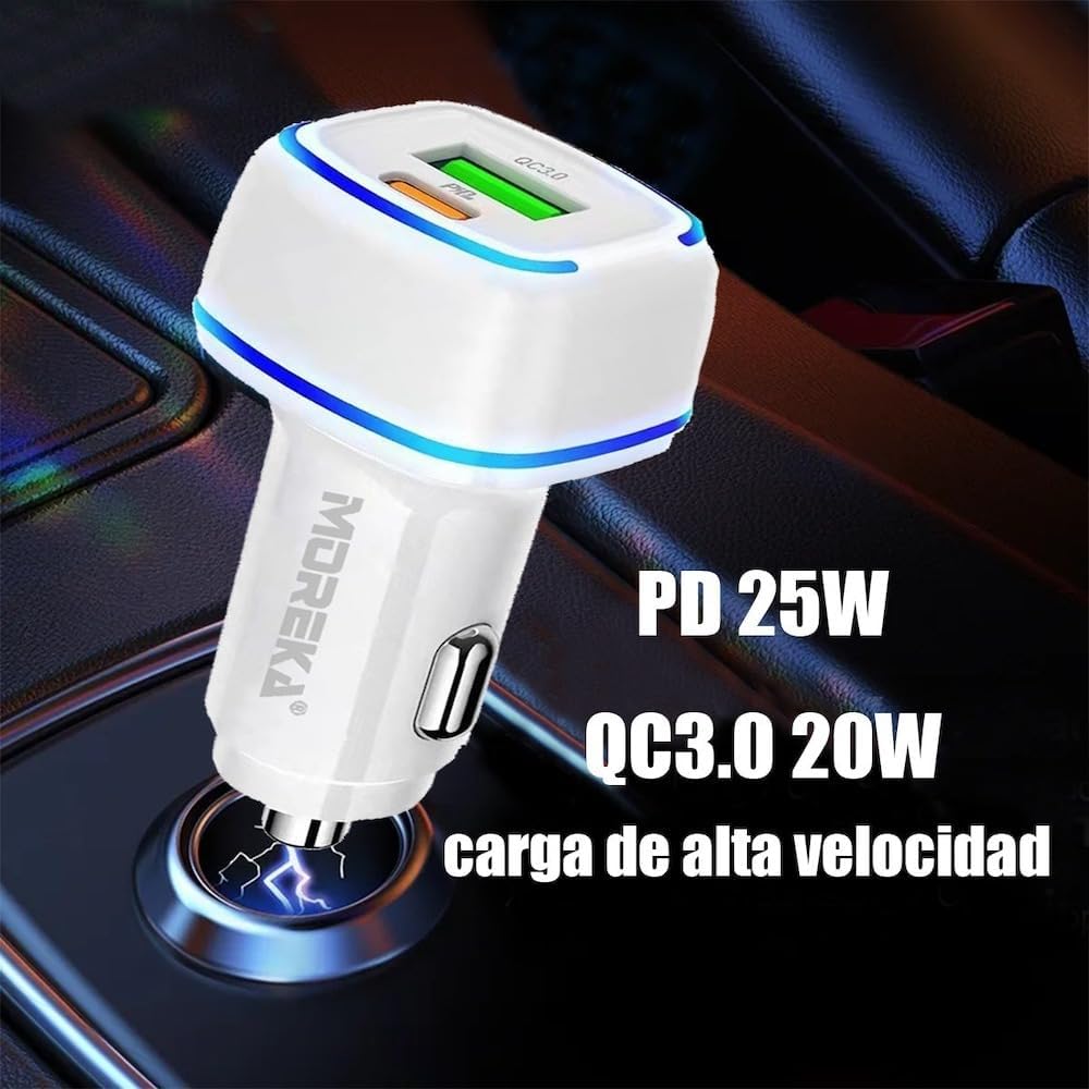 Turbo Cargador De Carro 45W Moreka CP009 PlugIn puertos USB y C