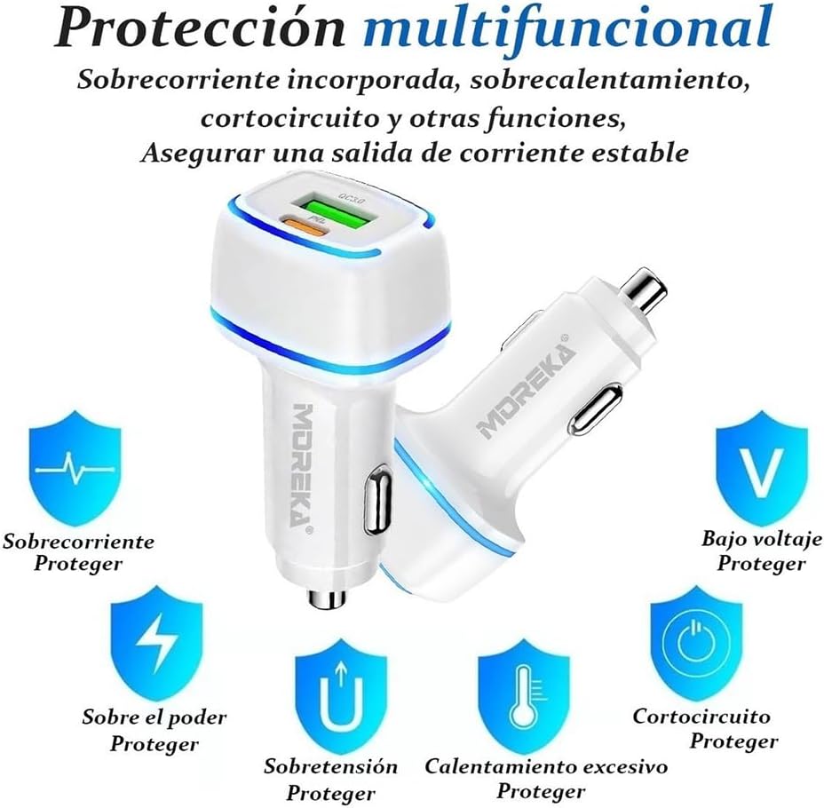 Turbo Cargador De Carro 45W Moreka CP009 PlugIn puertos USB y C