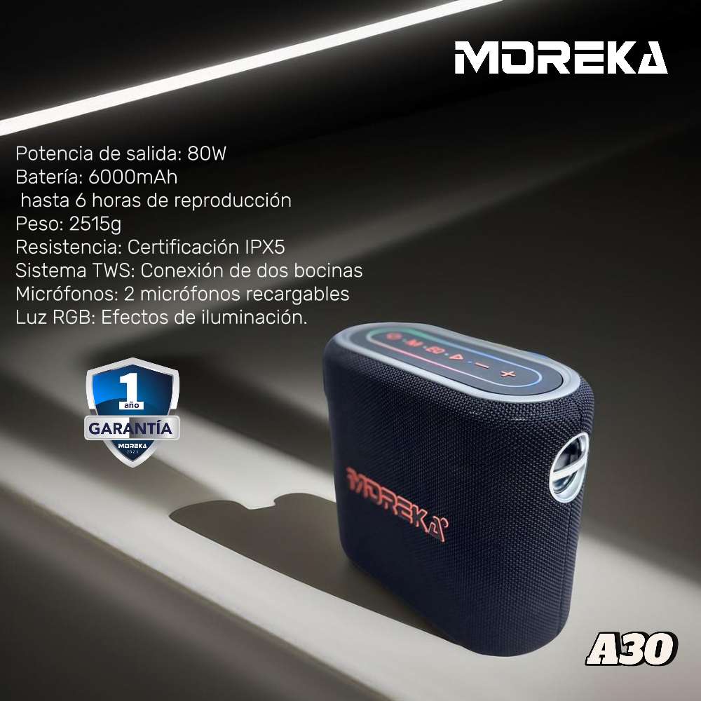 Bocina Moreka A30 80W 6000mAh 6 hrs de bateria Bluetooth, Contra Agua IPX5