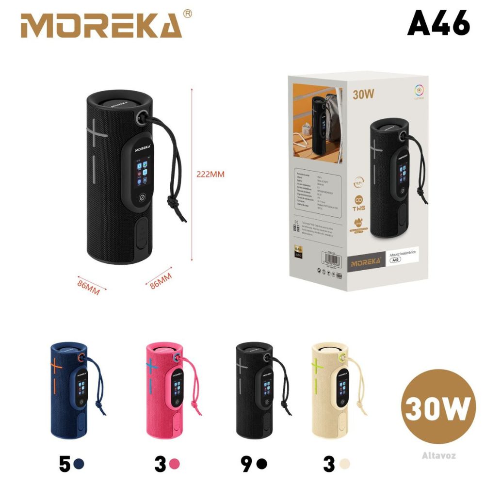 Bocina Moreka A46 Pantalla Táctil LCD multifunción 30W 3600mAh 10hrs de bateria IPX6