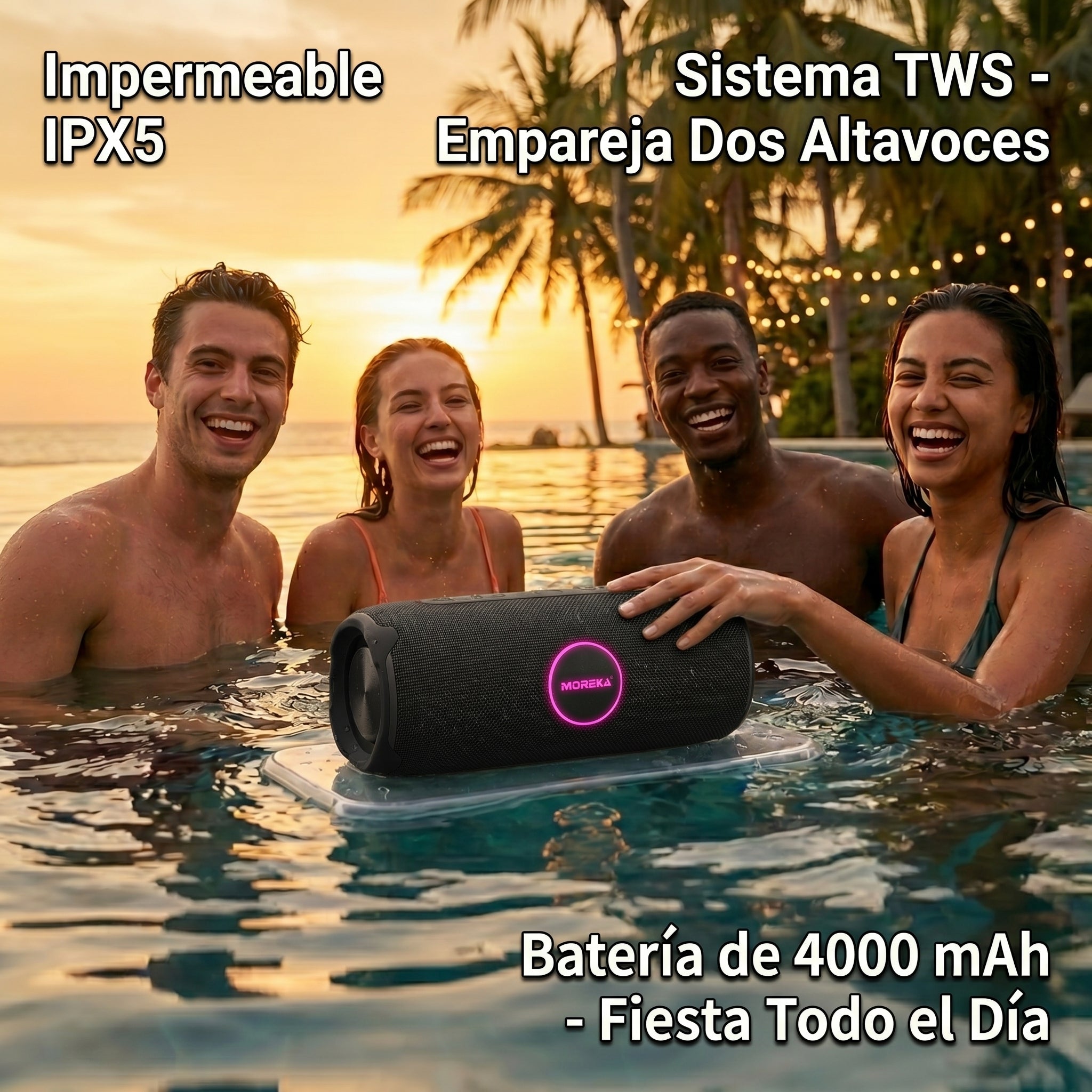 Bocina Moreka A62 50W IPX5 Resistente al Agua con Graves Extra y TWS Estéreo