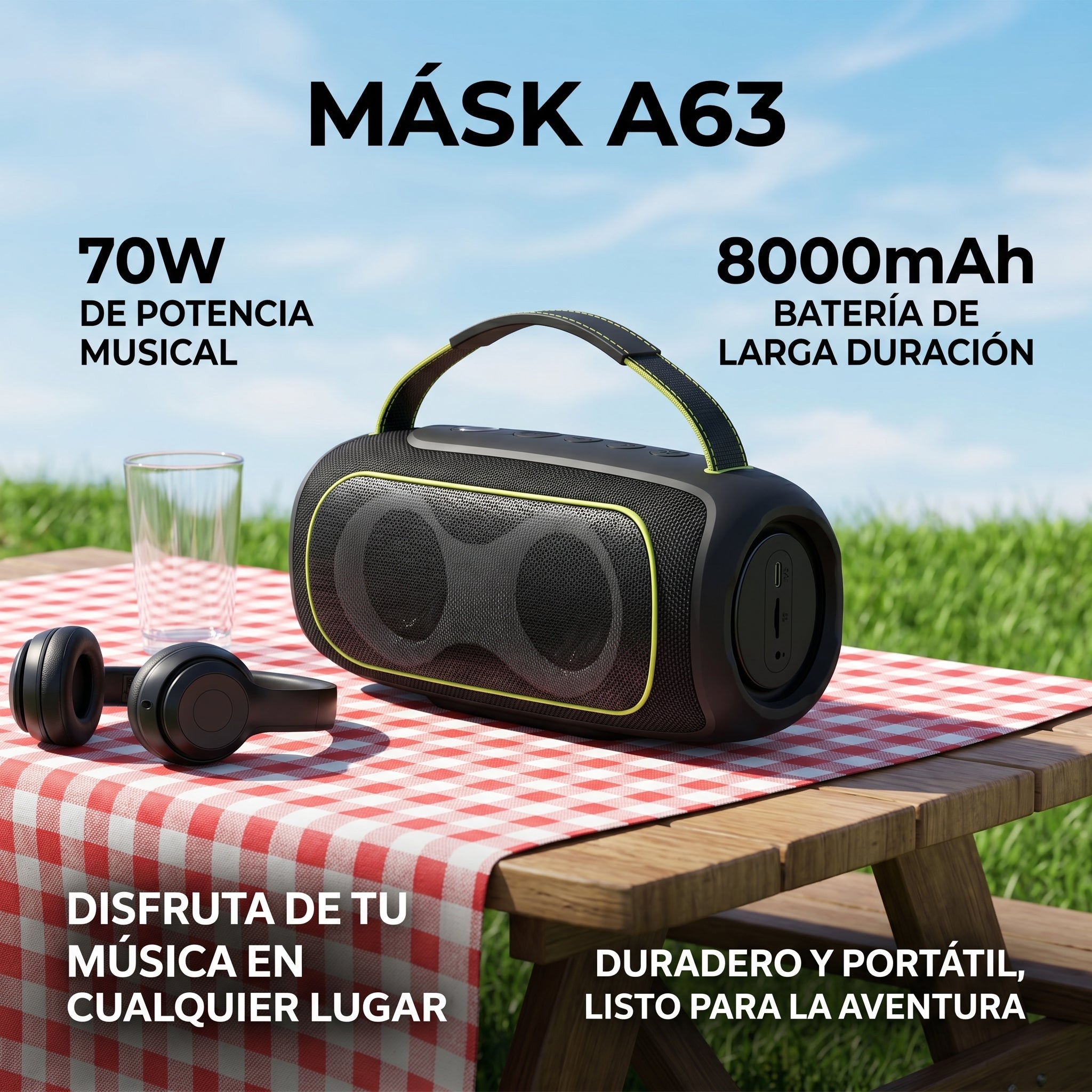 Altavoz portátil MÁSK A63 70W estéreo con Bluetooth 5.3 batería de larga duración y luces RGB