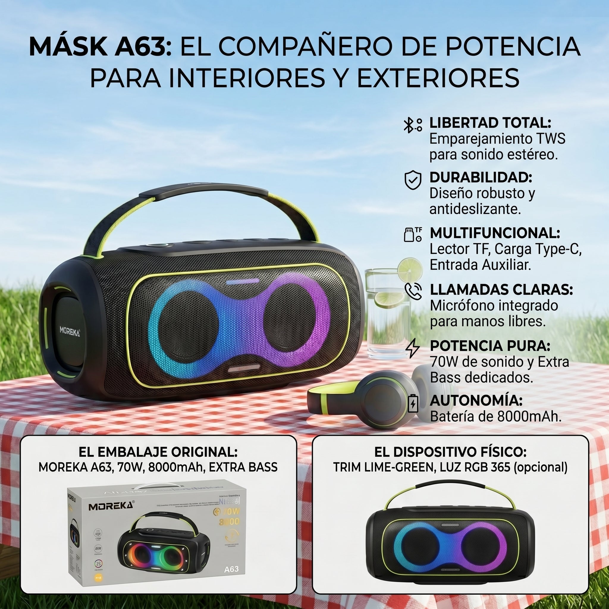 Altavoz portátil MÁSK A63 70W estéreo con Bluetooth 5.3 batería de larga duración y luces RGB