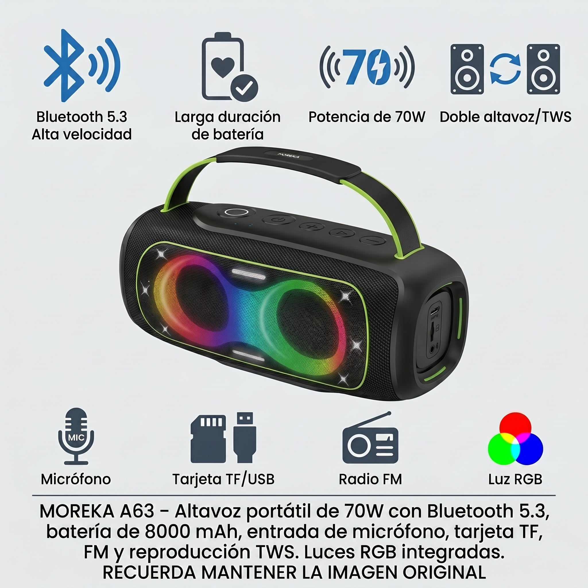 Altavoz portátil MÁSK A63 70W estéreo con Bluetooth 5.3 batería de larga duración y luces RGB