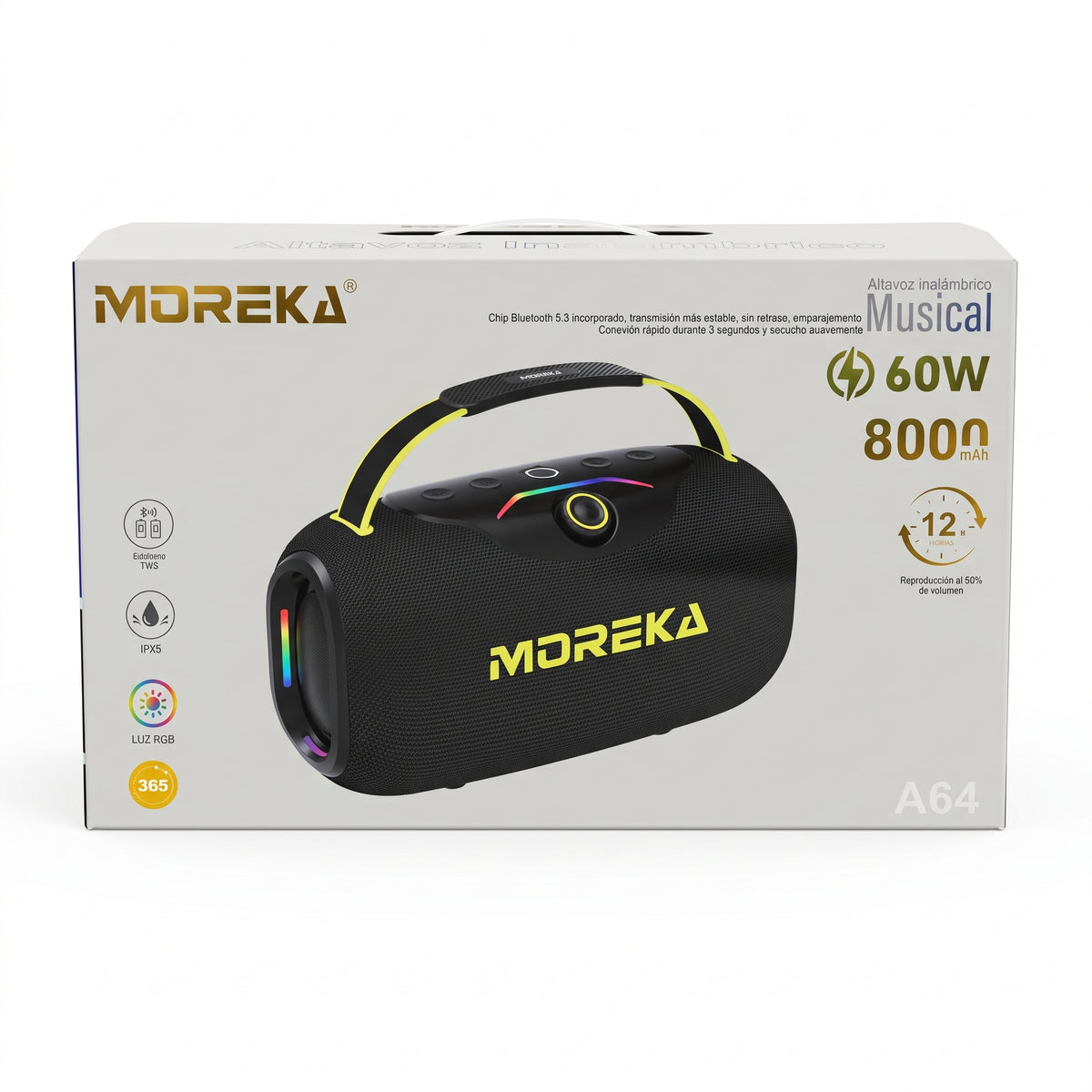 Bocina Inalámbrica Moreka A64 60W Bluetooth 5.3 Batería 8000mAh Luz RGB