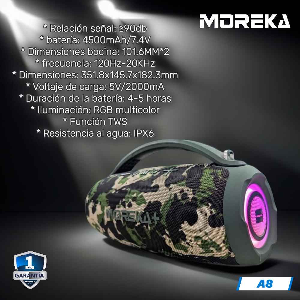 Bocina Moreka+ A8 60W 4500mAh/7.4V Bluetooth, TF Card, Radio FM, USB Contra Agua IPX6