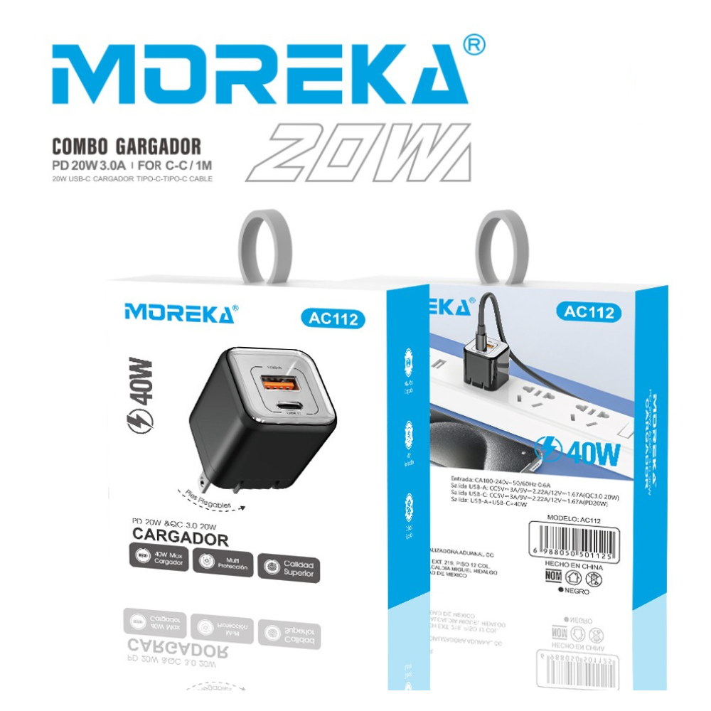 Cargador 40W 5V- 3A puertos PD20W & QC3.0 20W Clavija plegable Moreka  AC112