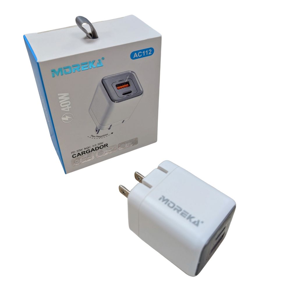 Cargador 40W 5V- 3A puertos PD20W & QC3.0 20W Clavija plegable Moreka  AC112
