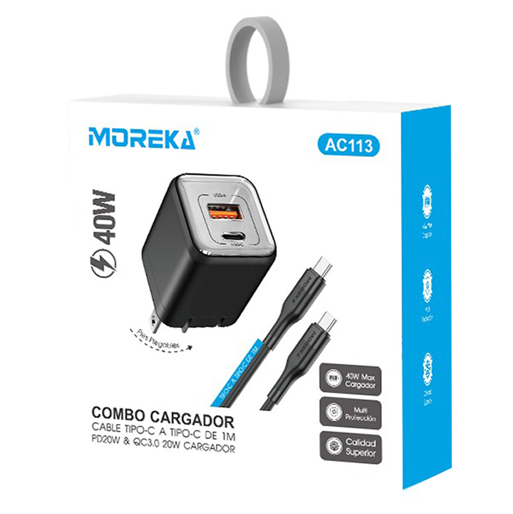 Cargador 40W 5V- 3A puertos PD20W & QC3.0 20W Clavija plegable cable C-C Moreka  AC113