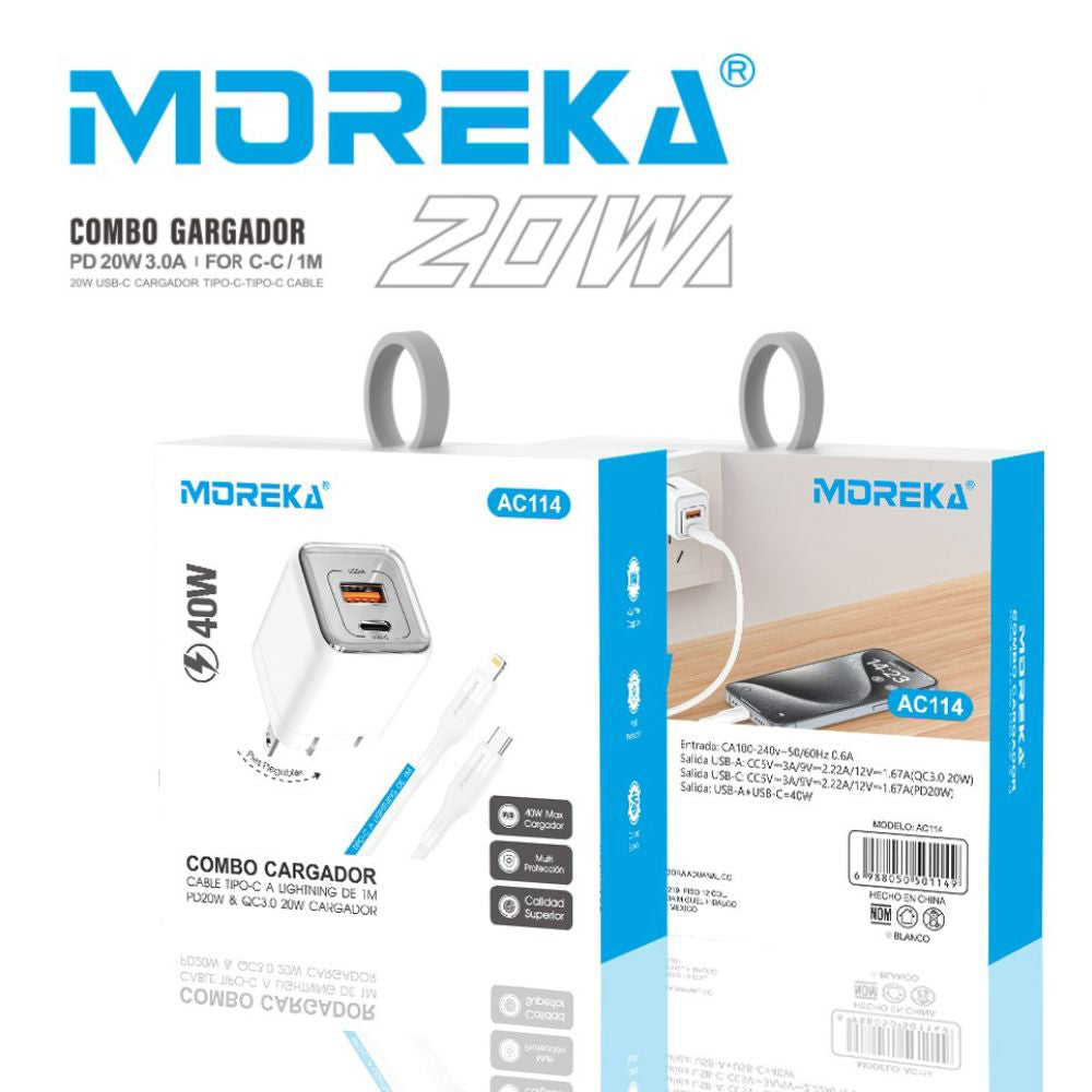 Cargador 40W 5V- 3A puertos PD20W & QC3.0 20W Clavija plegable cable C-IP Moreka  AC114