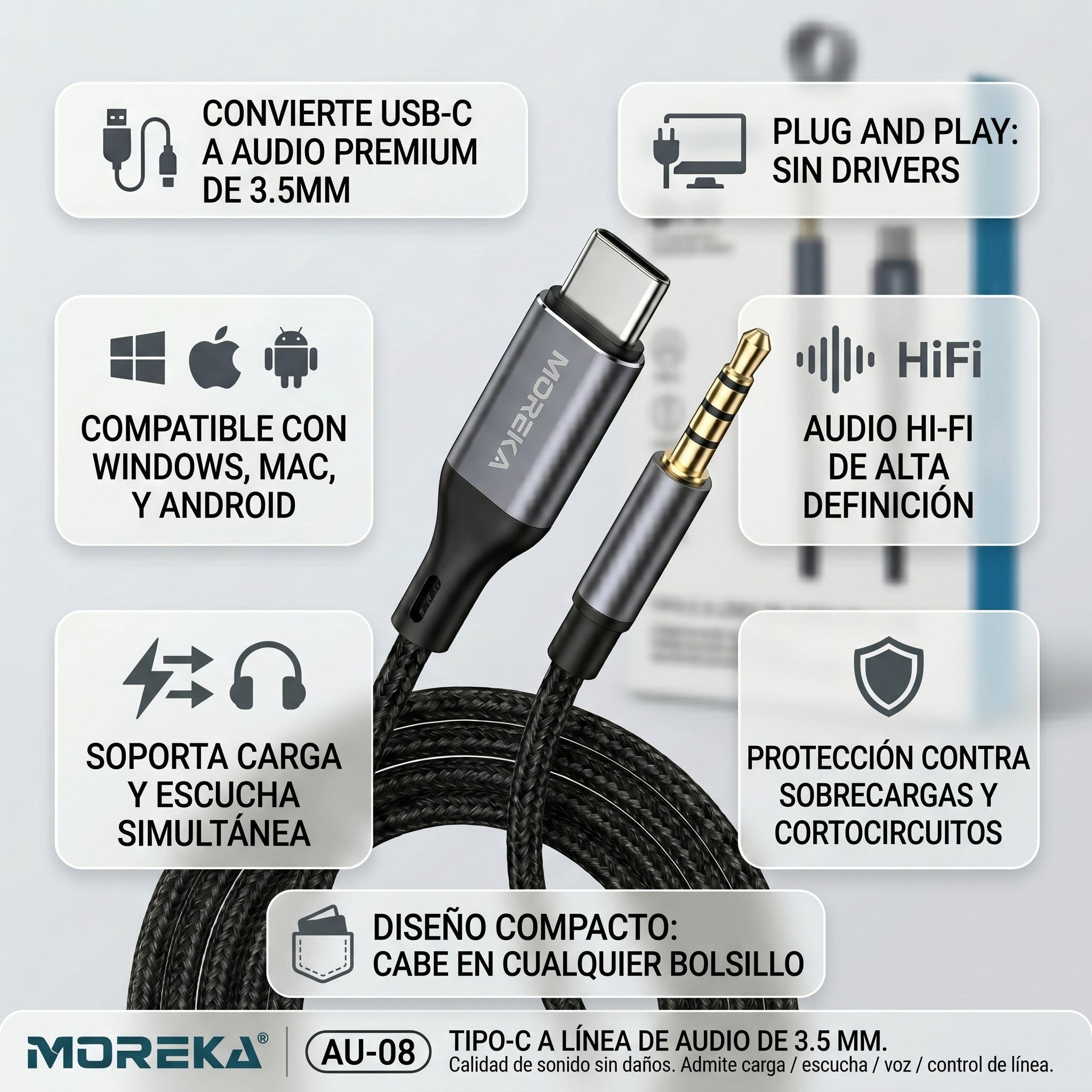 Convertidor USB C a auxiliar de 3,5 mm  AU-08