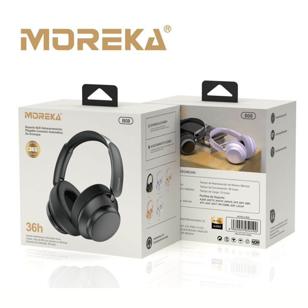 Audífonos Bluetooth V5.4 Moreka B08 400mAh 40mm Cancelación de Ruido 36 hrs musica