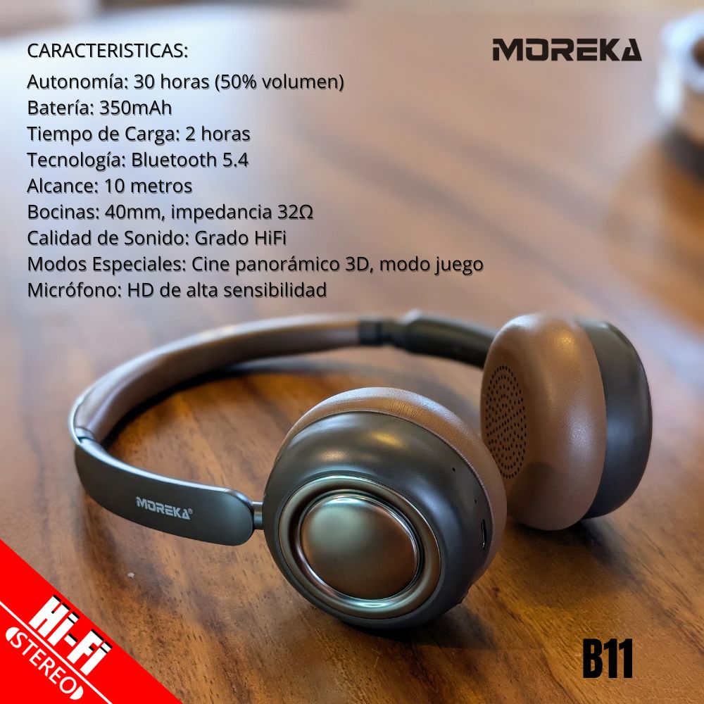 Audífonos Bluetooth V5.4 Moreka BL11 350mAh 40mm Cine panorámico 3D 30 hrs musica