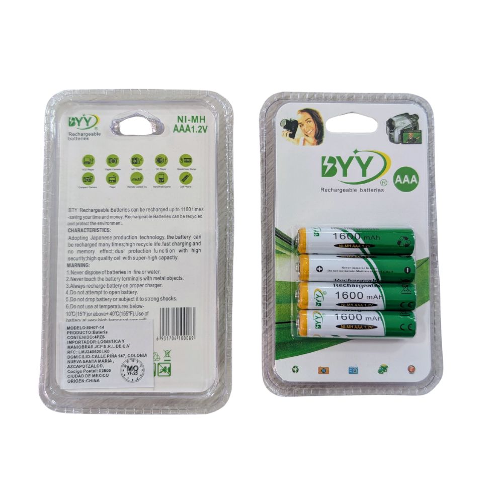 Paquete de 4 Pilas Baterías Recargables  Aaa 1.2V 1600 mAh hasta 1100 ciclos BYY NH07-14