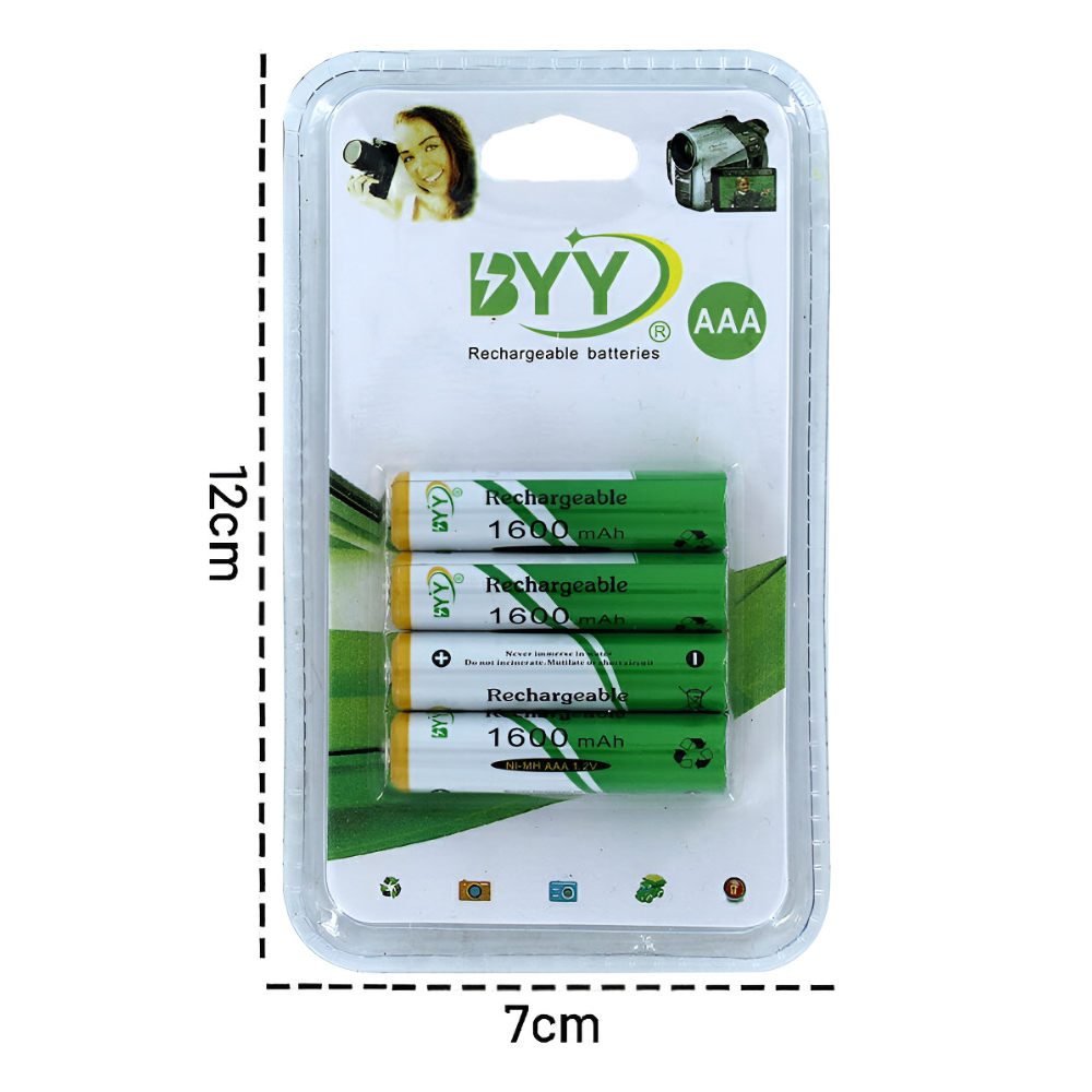 Paquete de 4 Pilas Baterías Recargables  Aaa 1.2V 1600 mAh hasta 1100 ciclos BYY NH07-14