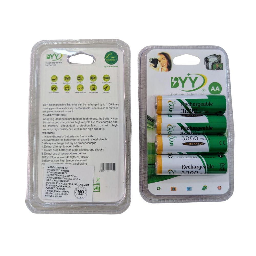 Paquete de 4 Pilas Baterías Recargables  AA 1.2V 2000 mAh hasta 1100 ciclos BYY NH05-15