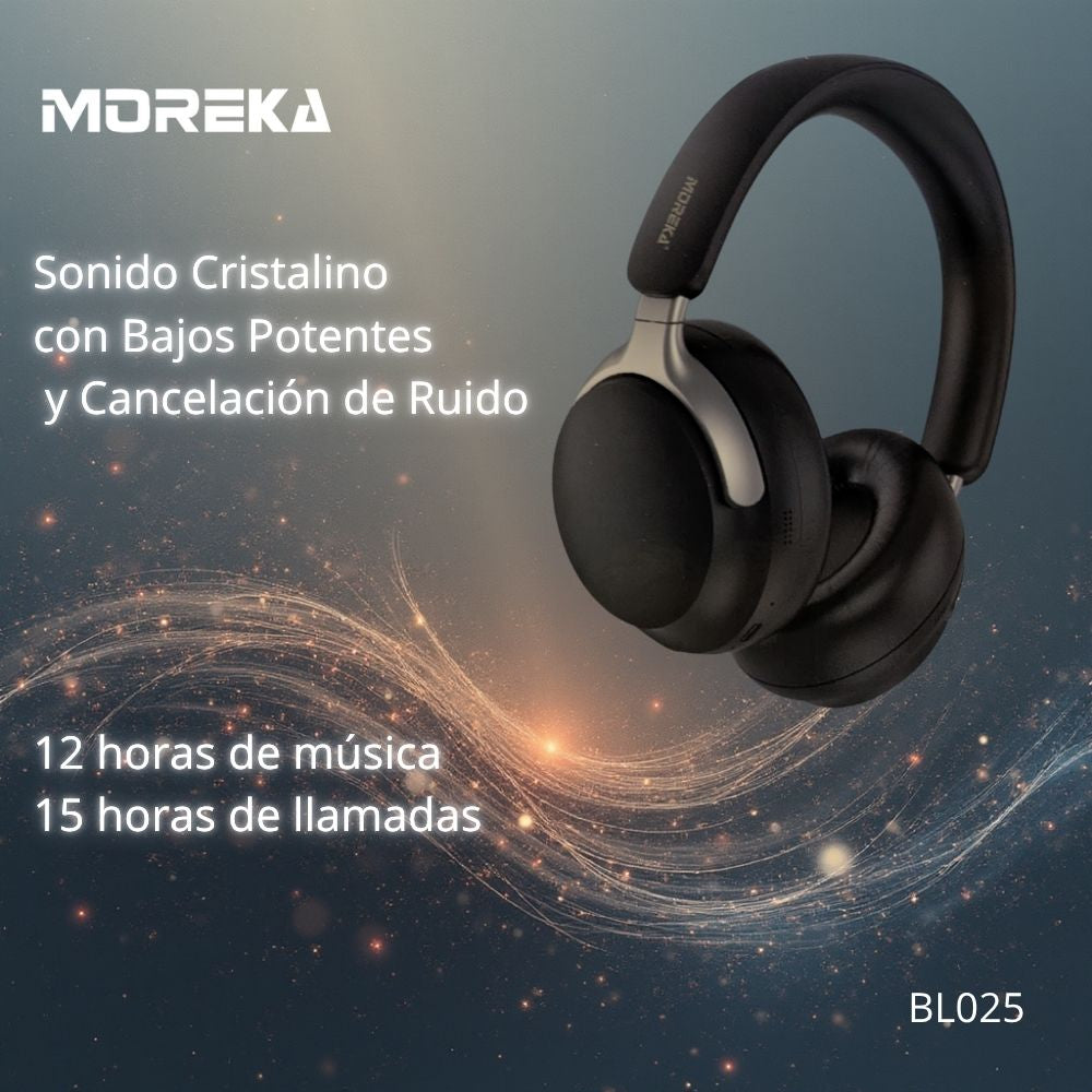 Audífonos Bluetooth V5.4 Moreka BL025 200mAh 40mm Cancelación de Ruido 12 hrs musica