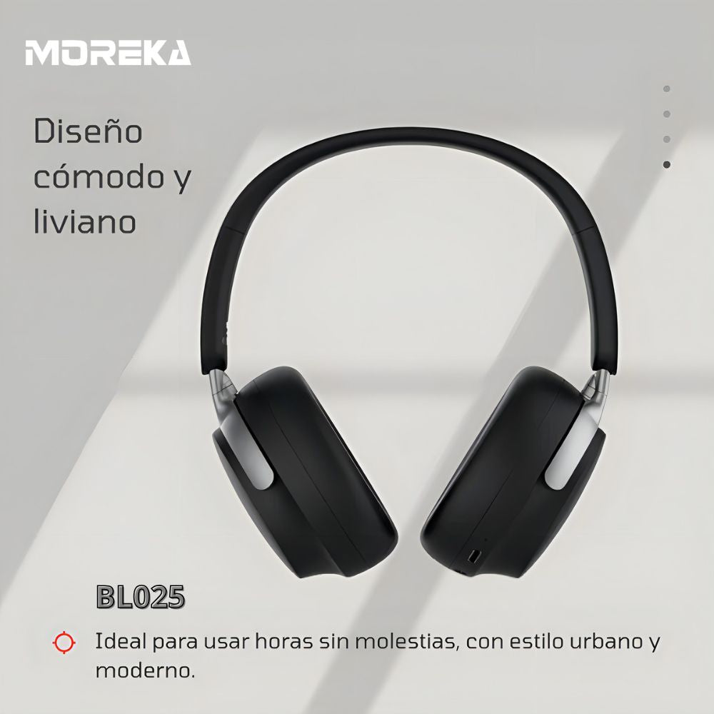 Audífonos Bluetooth V5.4 Moreka BL025 200mAh 40mm Cancelación de Ruido 12 hrs musica