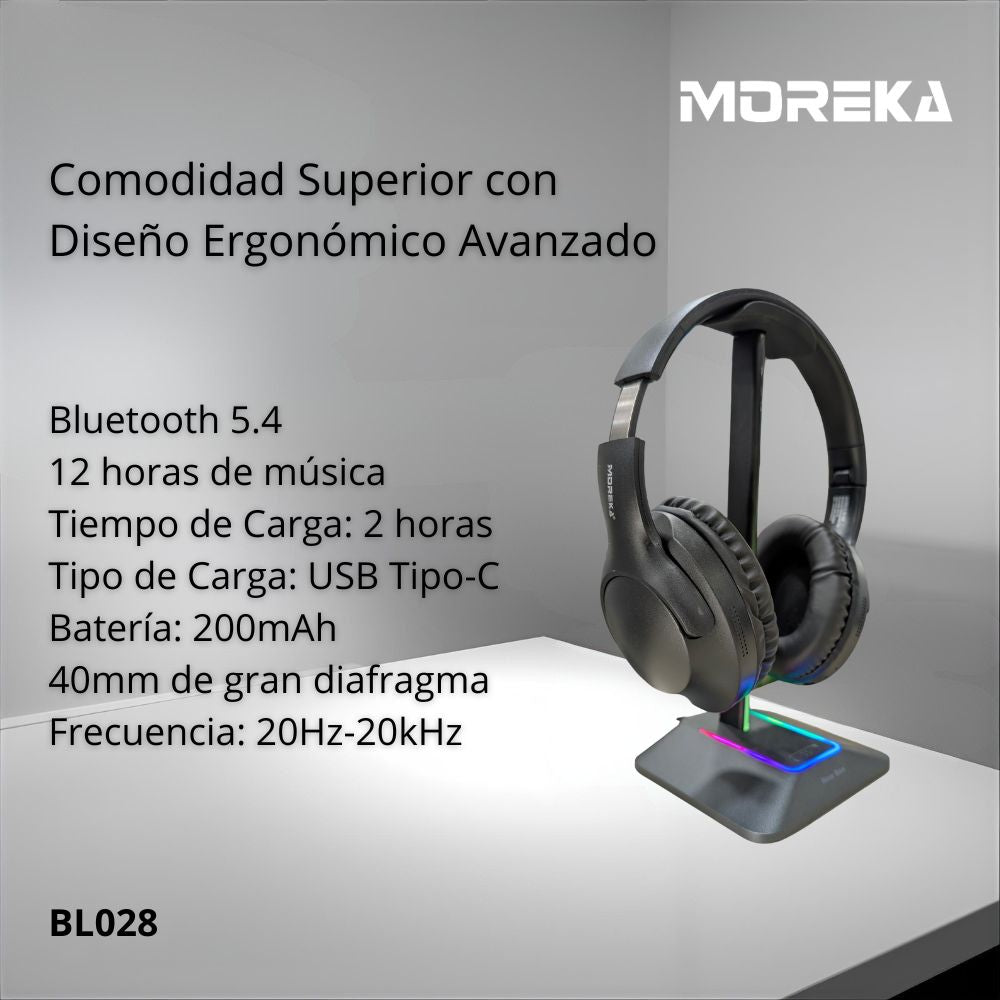 Audífonos Bluetooth V5.4 Moreka BL028 200mAh 40mm Cancelación de Ruido 12 hrs musica
