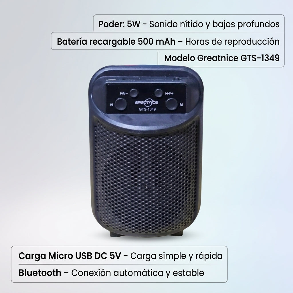 Bocina Bluetooth Recargable Greatnice GTS-1349 Inalámbrica USB RADIO FM 5W