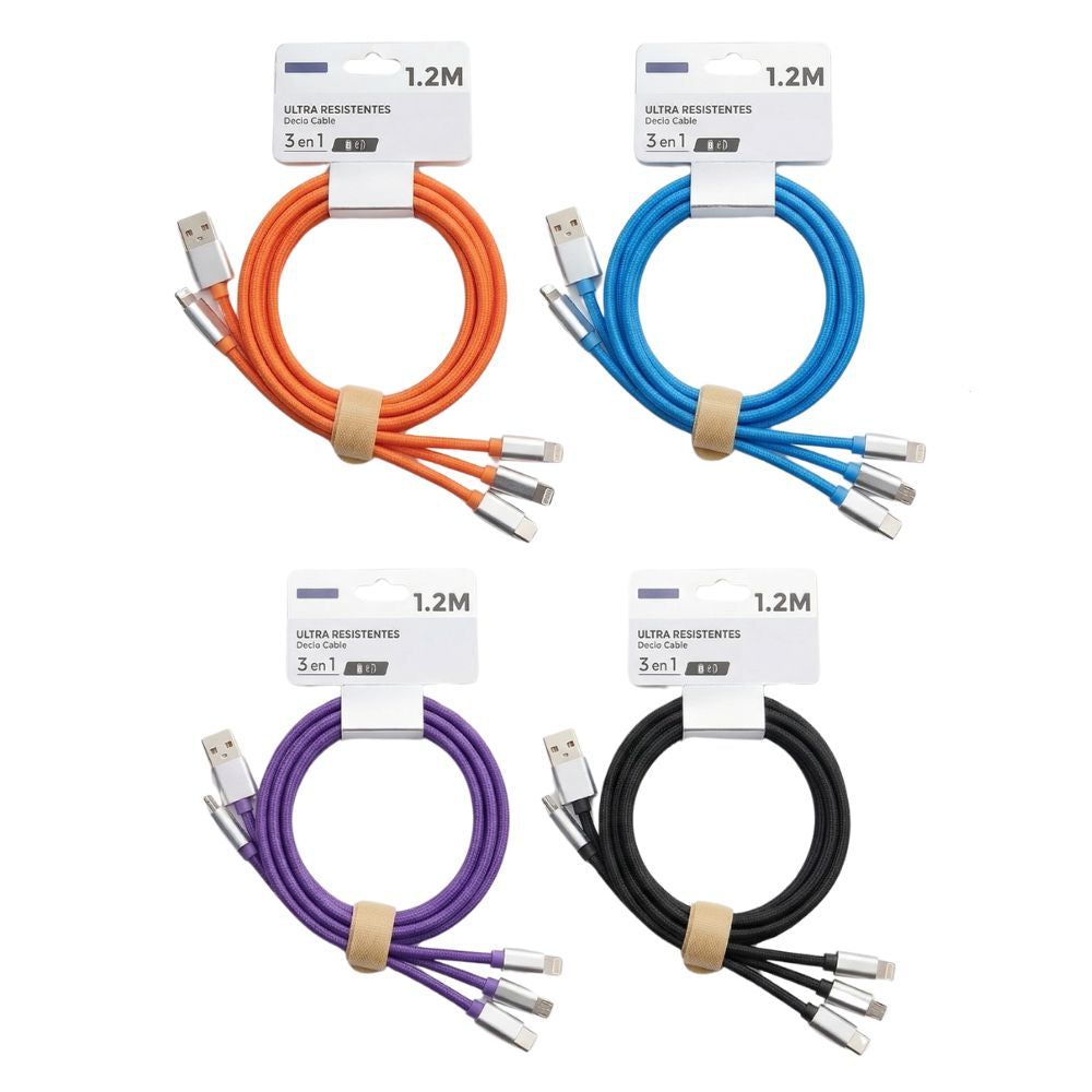 Cable 3 en 1 Moreka CB-042 3.1 A y Datos 1.2 M, Lightning, Tipo C, V8