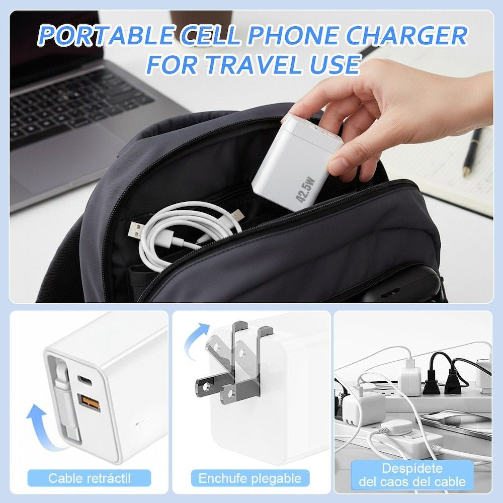 Cargador 42.5W 5V- 3A 2 Puertos PD 20W QC3.1  22.5 cable tipo C retráctil Moreka CC27