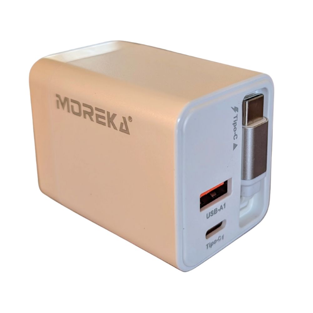 Cargador 42.5W 5V- 3A 2 Puertos PD 20W QC3.1  22.5 cable tipo C retráctil Moreka CC27