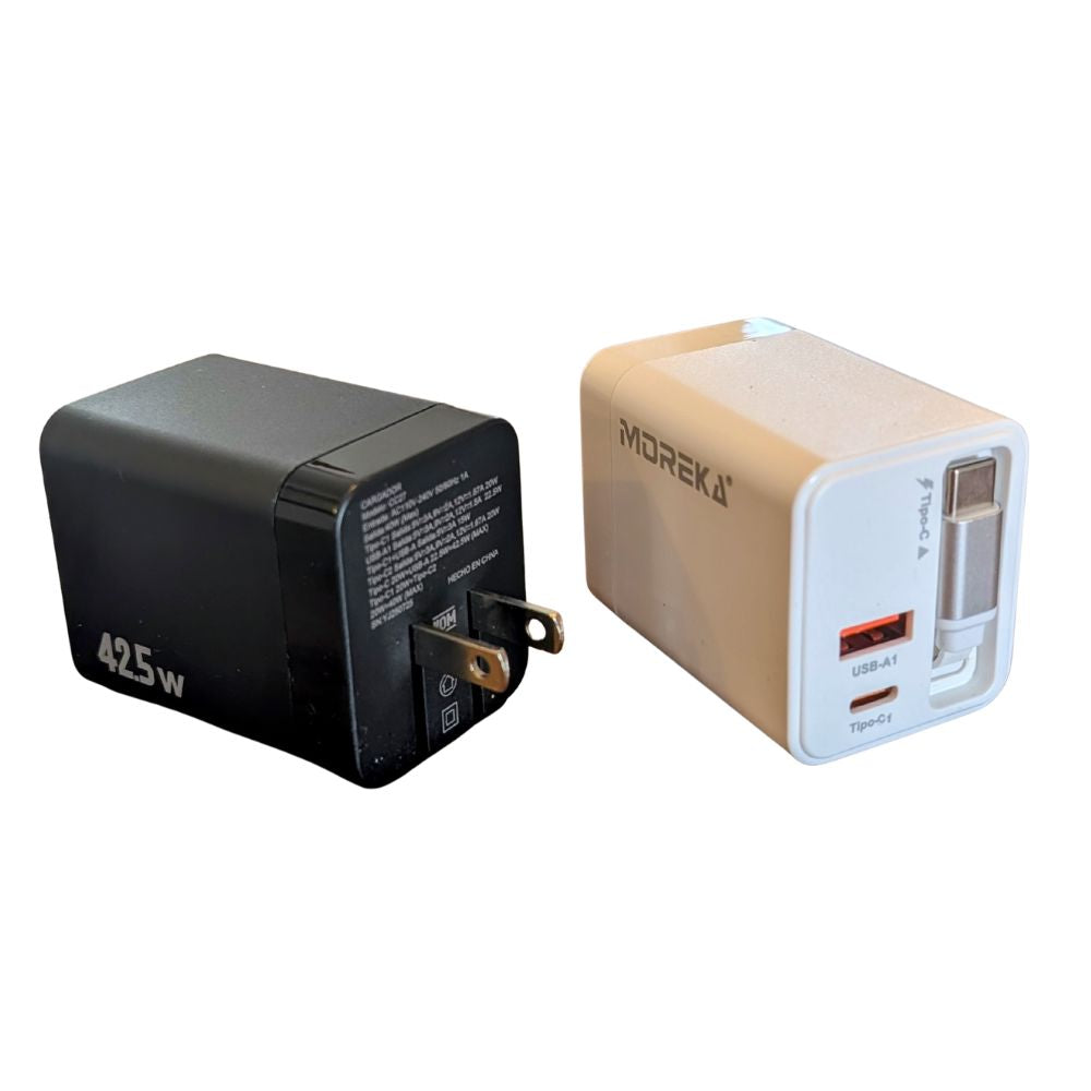 Cargador 42.5W 5V- 3A 2 Puertos PD 20W QC3.1  22.5 cable tipo C retráctil Moreka CC27