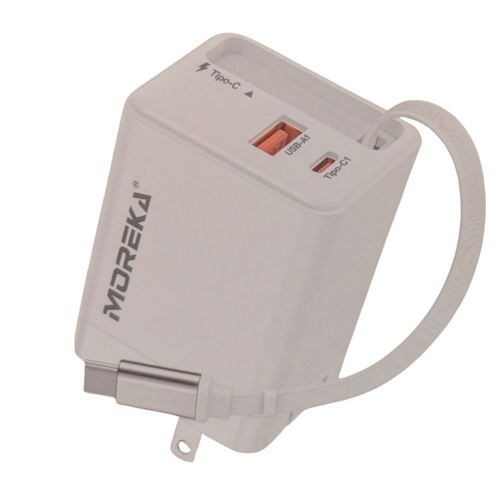 Cargador 42.5W 5V- 3A 2 Puertos PD 20W QC3.1  22.5 cable tipo C retráctil Moreka CC27