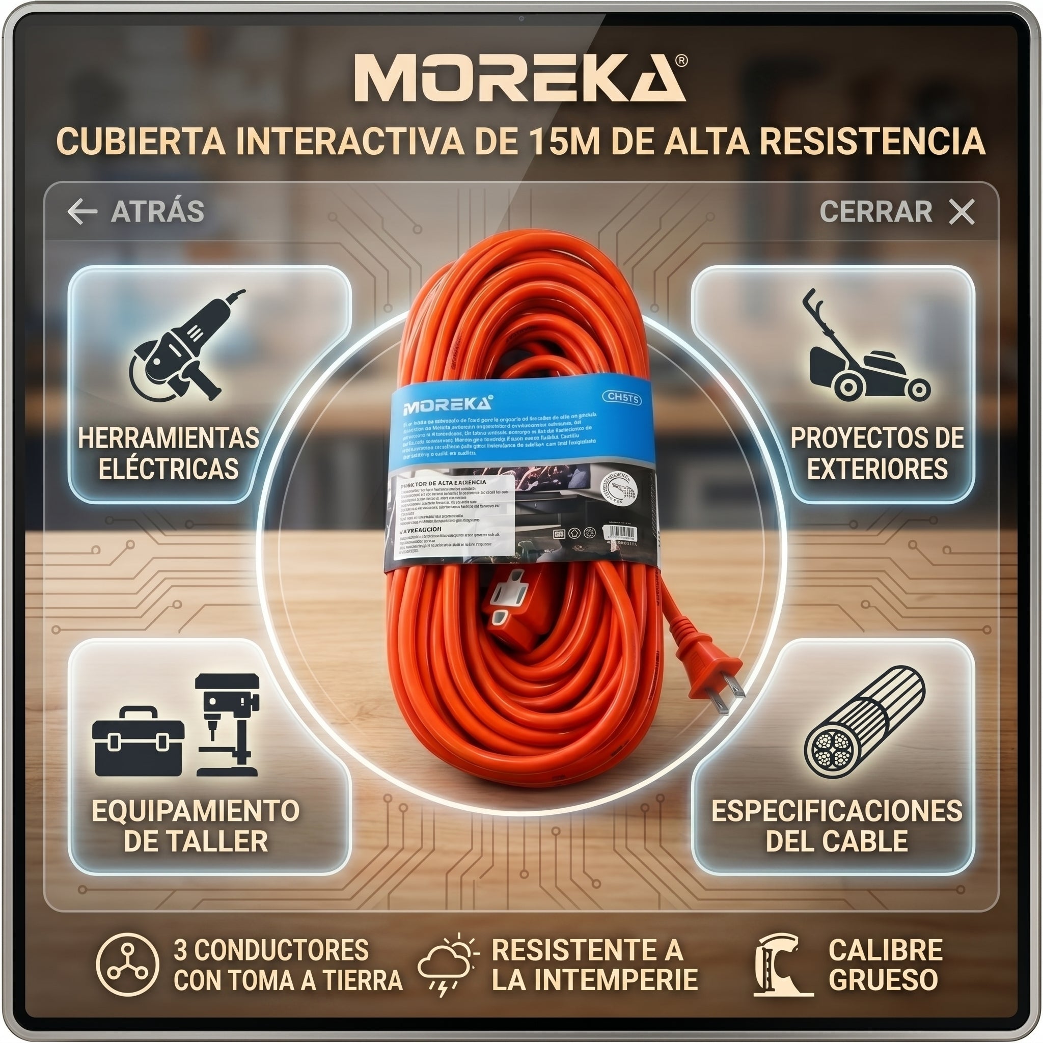 Cable de Extensión CHS15 – 15 Metros Pesado para Uso en Exteriores con Conexión a Tierra