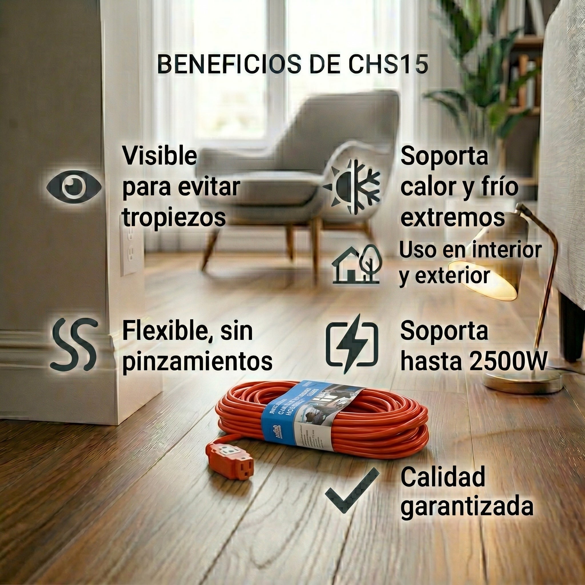 Cable de Extensión CHS15 – 15 Metros Pesado para Uso en Exteriores con Conexión a Tierra