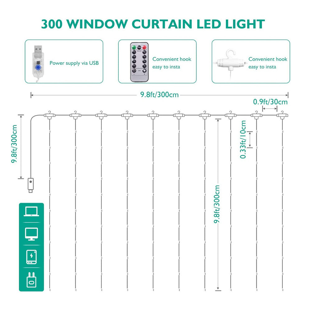 Cortina Serie Luces 300 Led Decorativas Usb 3x3m USB