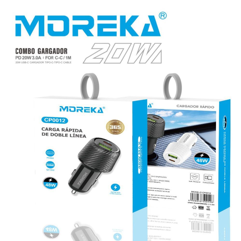 Turbo Cargador De Carro 48W PD30W QC18W Moreka CP0012 PlugIn puertos USB y C
