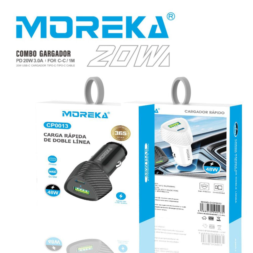 Turbo Cargador De Carro 48W PD30W QC18W Moreka CP0013 PlugIn puertos USB y C