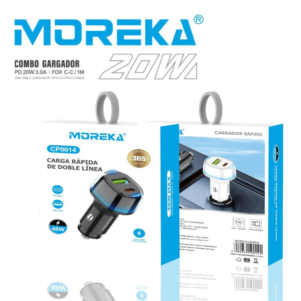 Turbo Cargador De Carro 48W PD30W QC18W Moreka CP0014 PlugIn puertos USB y C