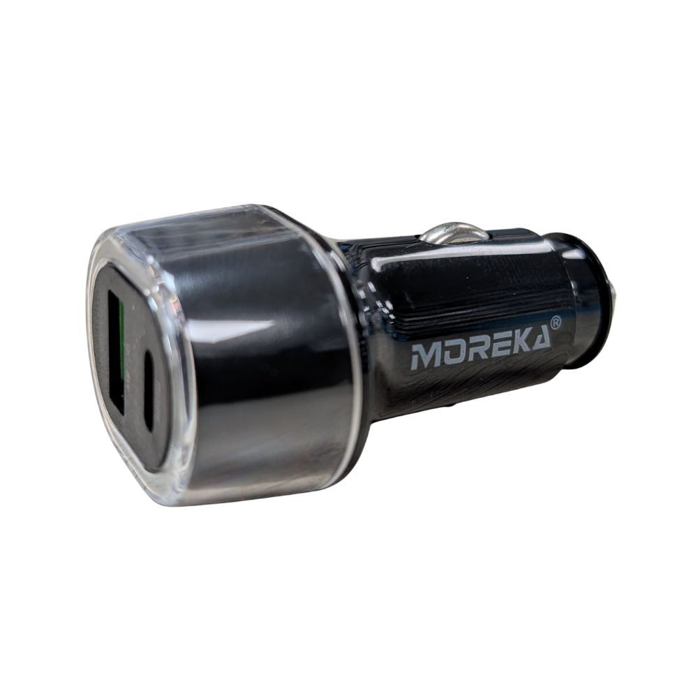 Turbo Cargador De Carro 48W PD30W QC18W Moreka CP0014 PlugIn puertos USB y C