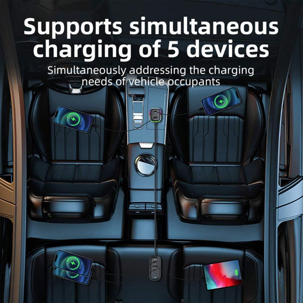 Cargador De Carro Plug In 30W USB-C PD y USB QC3.0 extensión de 1.5mts soporta 5 dispositivos Moreka CP0072