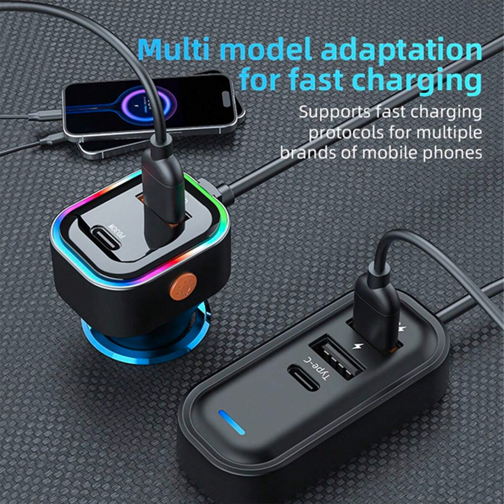 Cargador De Carro Plug In 30W USB-C PD y USB QC3.0 extensión de 1.5mts soporta 5 dispositivos Moreka CP0072